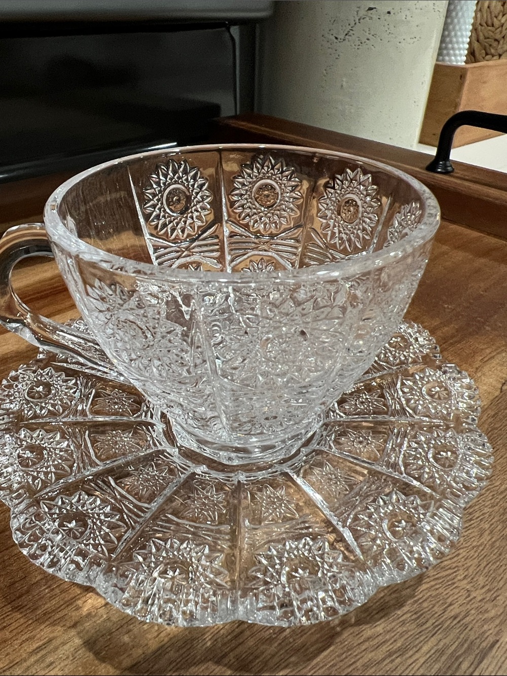 Pressed Glass Teacup and Saucer